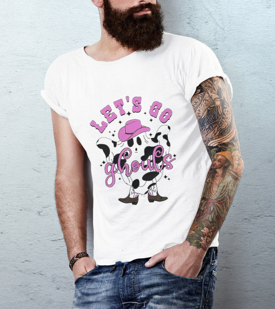 Let's Go Ghouls Halloween Cowboy Ghost With Pink Hat And Boots T-Shirt