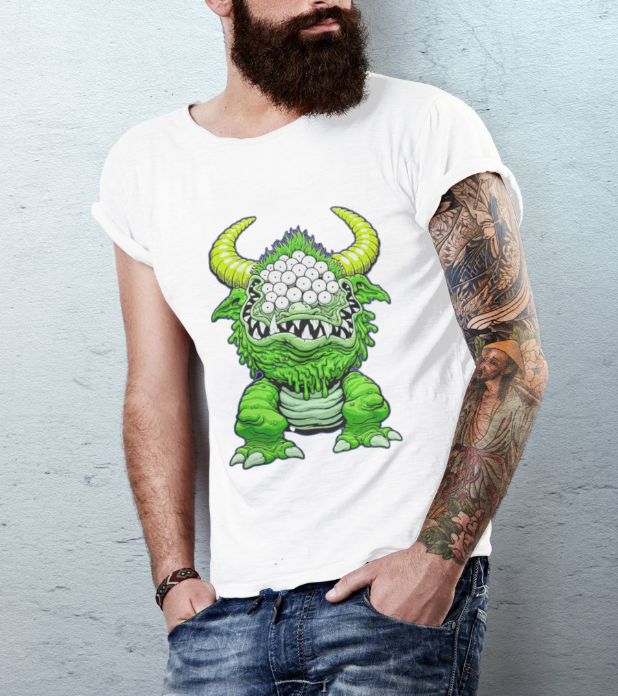 Black Beast Of Aaaarrgghh Multi-Eyed Green Monster With Horns T-Shirt