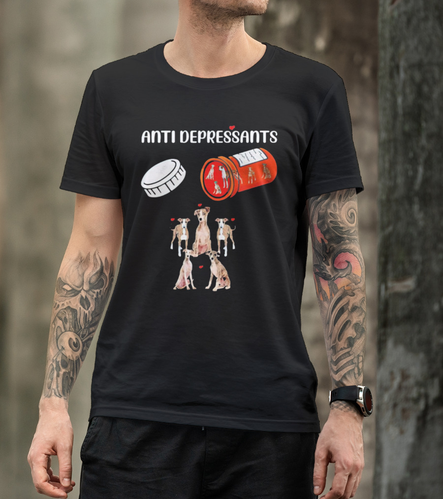 Anti Depressants Dogs Medicine Bottle With Greyhound Puppies T-Shirt