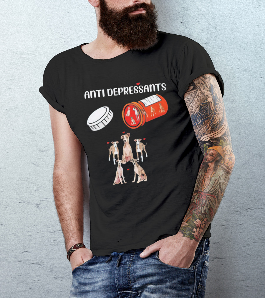 Anti Depressants Dogs Medicine Bottle With Greyhound Puppies T-Shirt