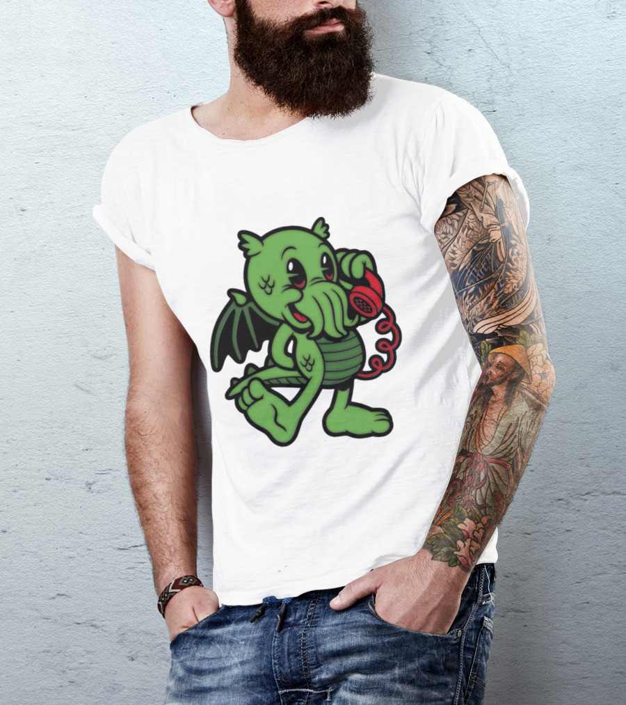 Chubby Cthulhu Phone Call Cartoon With Red Retro Telephone T-Shirt