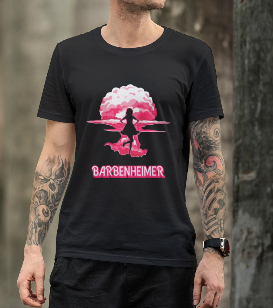 Barbenheimer Fusion Silhouette With Pink Explosion Background T-Shirt
