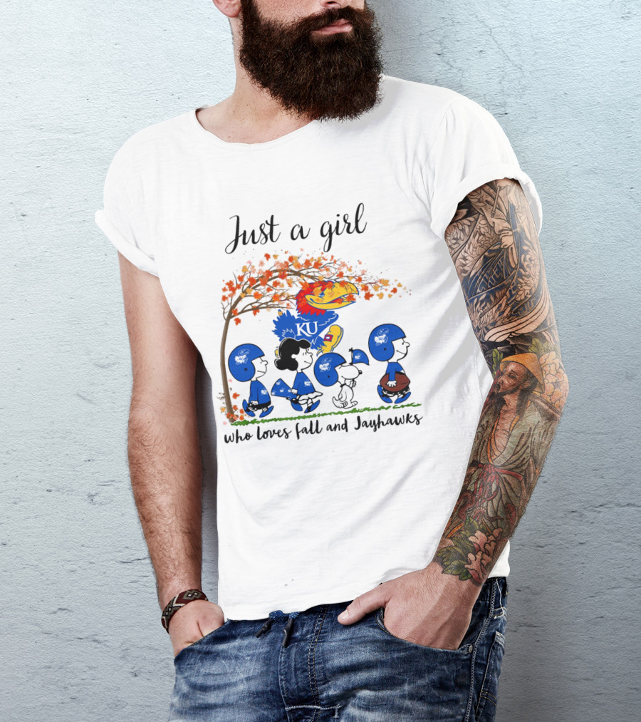 Just A Girl Who Loves Fall And Jayhawks Peanuts Cartoon Halloween KU T-Shirt