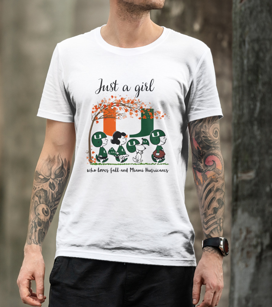 Just A Girl Who Loves Fall And Miami Hurricanes Peanuts Cartoon T-Shirt