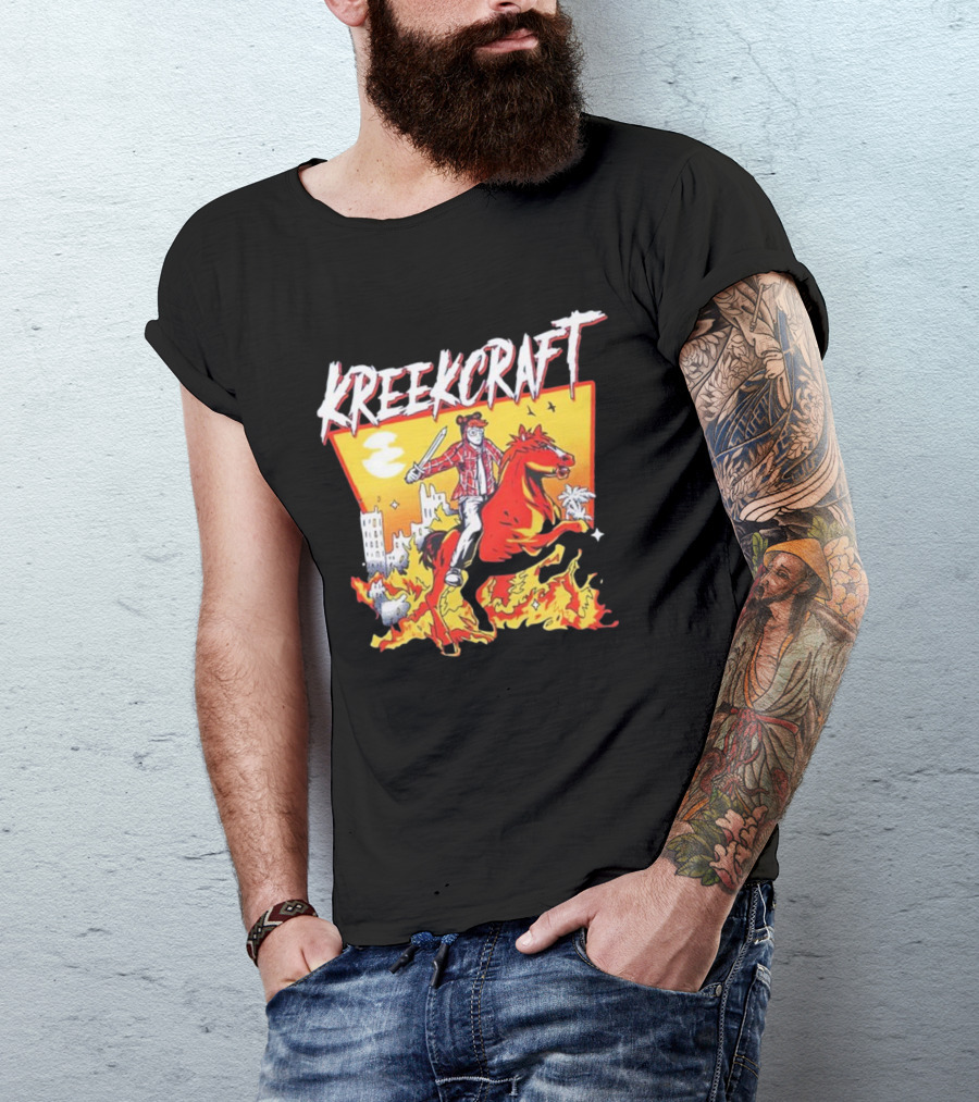 Kreekcraft Warrior Riding Fiery Horse In Urban Landscape T-Shirt