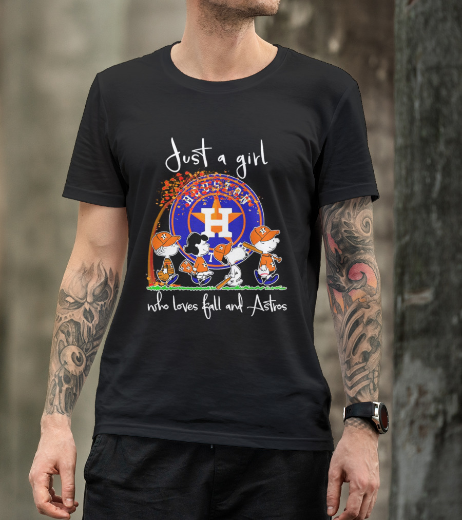 Just A Girl Who Loves Fall And Houston Astros Snoopy Peanuts Baseball Scene T-Shirt