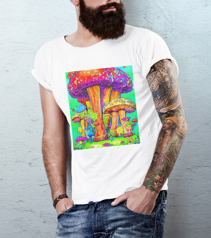 Multi Color Psychedelic Forest Mushrooms Fantasy T-Shirt