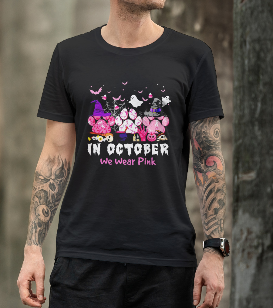 In October We Wear Pink Halloween Dog Paws Ghost Witch Hat T-Shirt