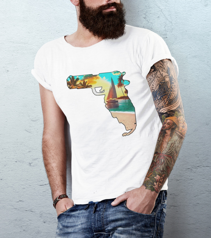 Florida Sunset Beach Sailboat Gun Shape T-Shirt