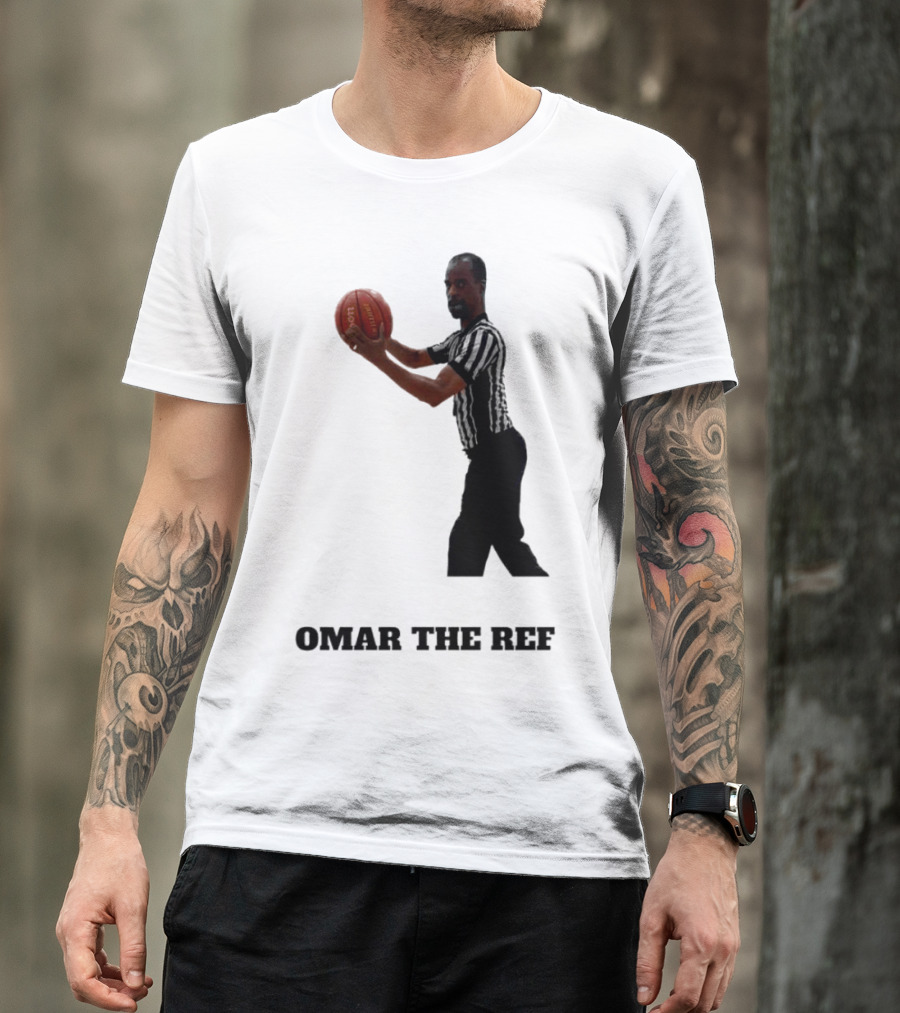 Omar The Ref Holding Basketball In Striped Uniform T-Shirt