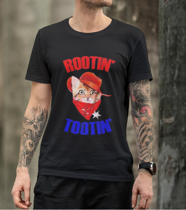 Rootin Tootin Cat Cowboy Vintage Red Hat And Bandana With Sheriff Star T-Shirt