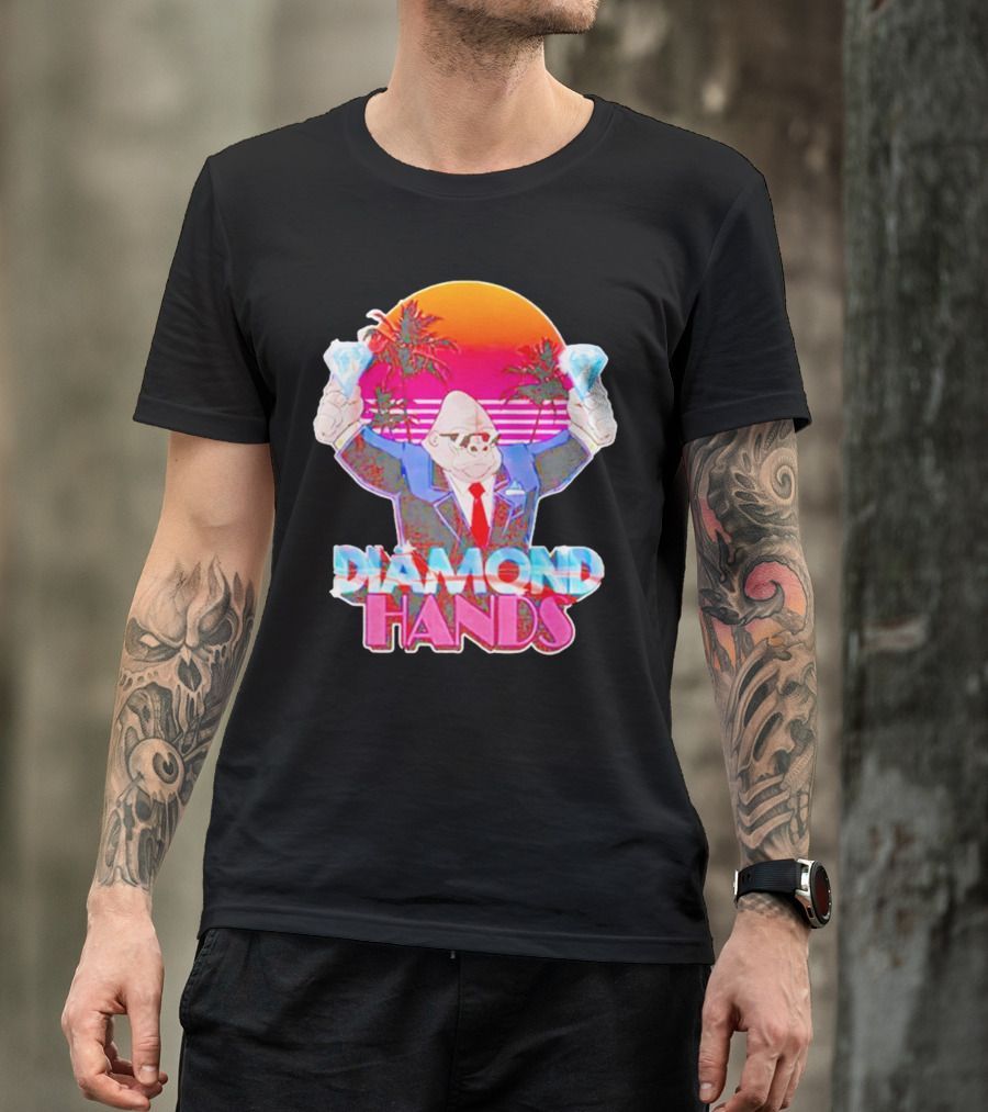 Diamond Hands Gorilla In Suit With Dollars And Vintage Sunset Background T-Shirt