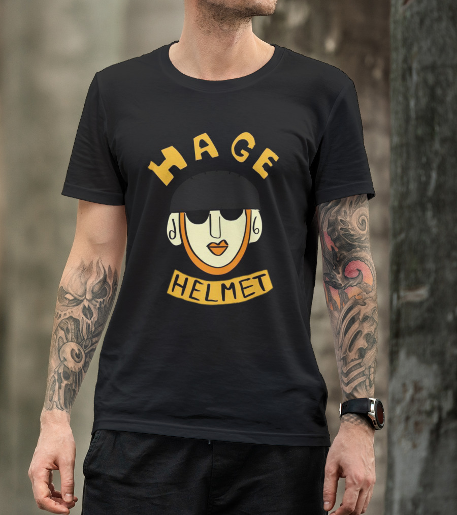 HAGE Helmet Face Black Cap Bold Lettering T-Shirt