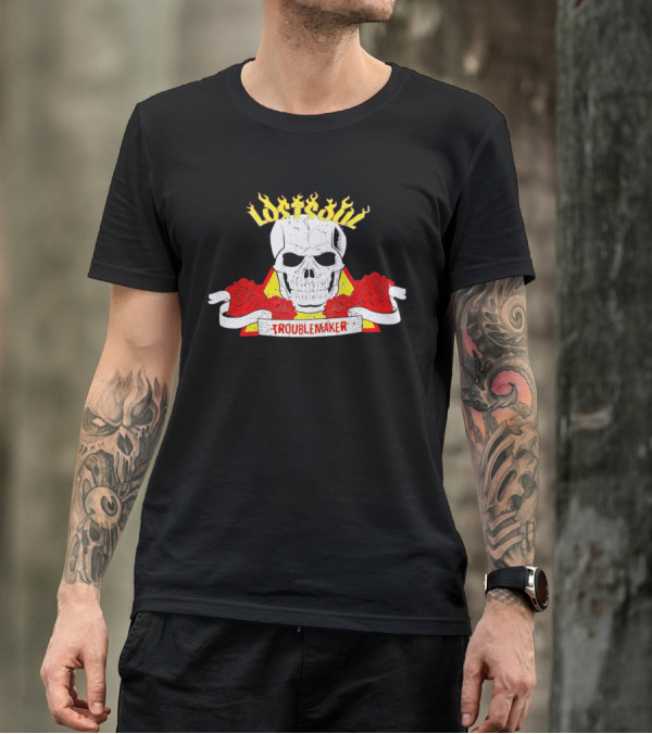 Lost Soul Skull With Flaming Text And Red Roses Troublemaker T-Shirt