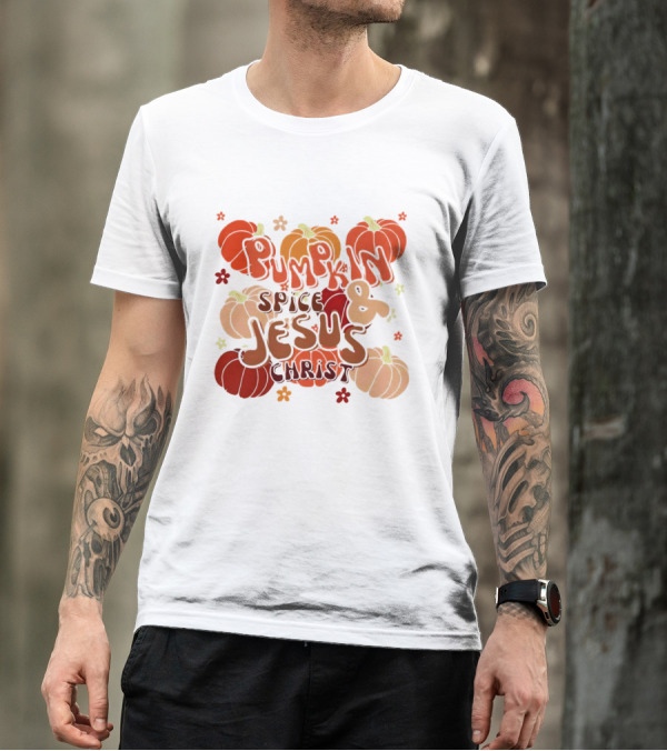 Pumpkin Spice And Jesus Christ Surrounded By Autumn Pumpkins T-Shirt