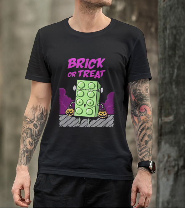 Brick Or Treat Halloween Green Block With Jack-o'-Lanterns Cartoon T-Shirt