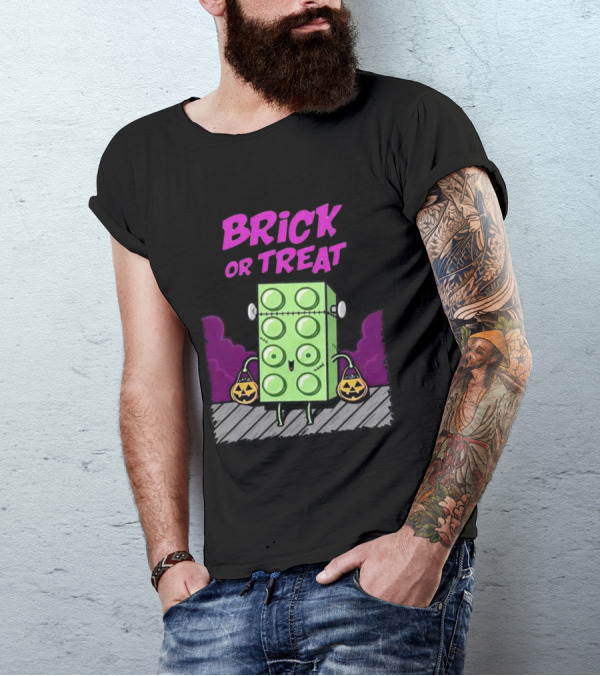 Brick Or Treat Halloween Green Block With Jack-o'-Lanterns Cartoon T-Shirt