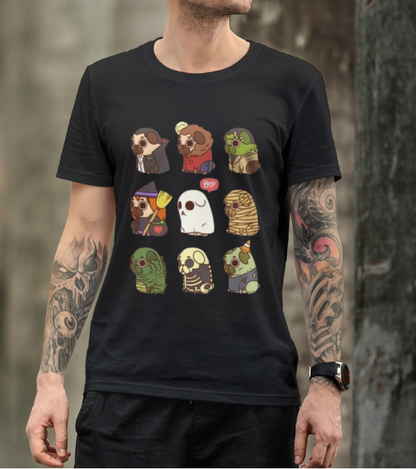 Halloween Puglie Vampire Werewolf Zombie Witch Ghost Mummy Creature Skeleton Clown T-Shirt