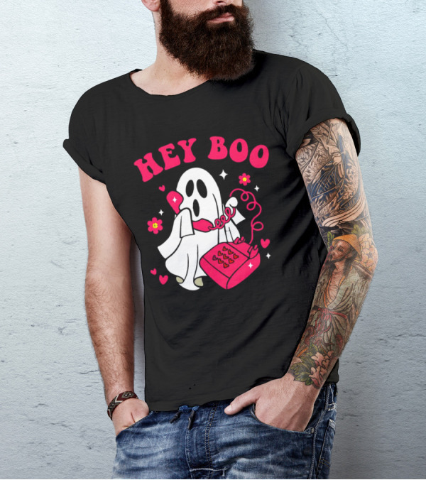 Hey Boo Ghost Talking On Pink Phone With Hearts And Flowers Halloween T-Shirt