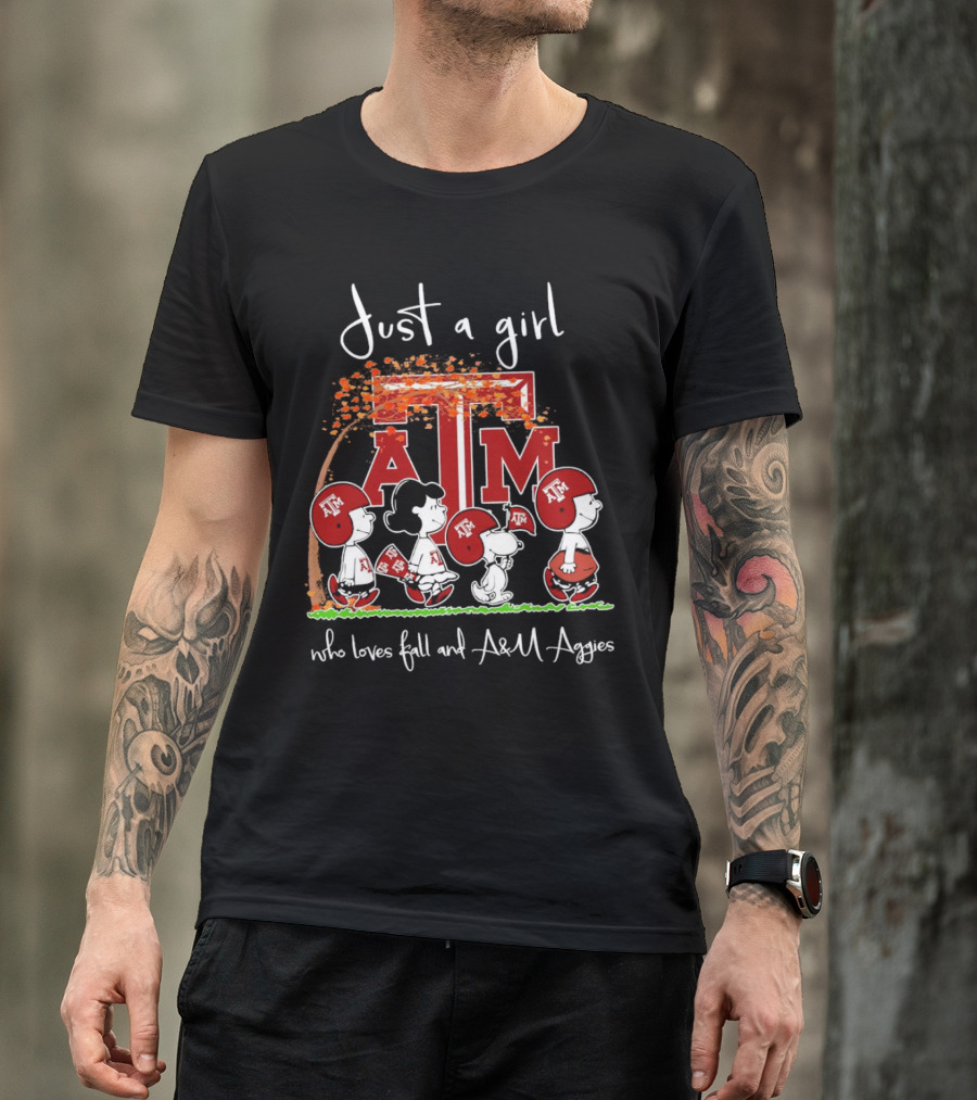 Just A Girl Who Loves Fall And Texas A&M Aggies With Peanuts Characters T-Shirt