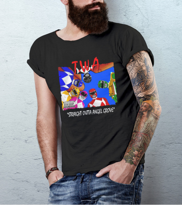 T.W.A Mighty Morphin Power Rangers Straight Outta Angel Grove Ranger Advisory Power Content T-Shirt