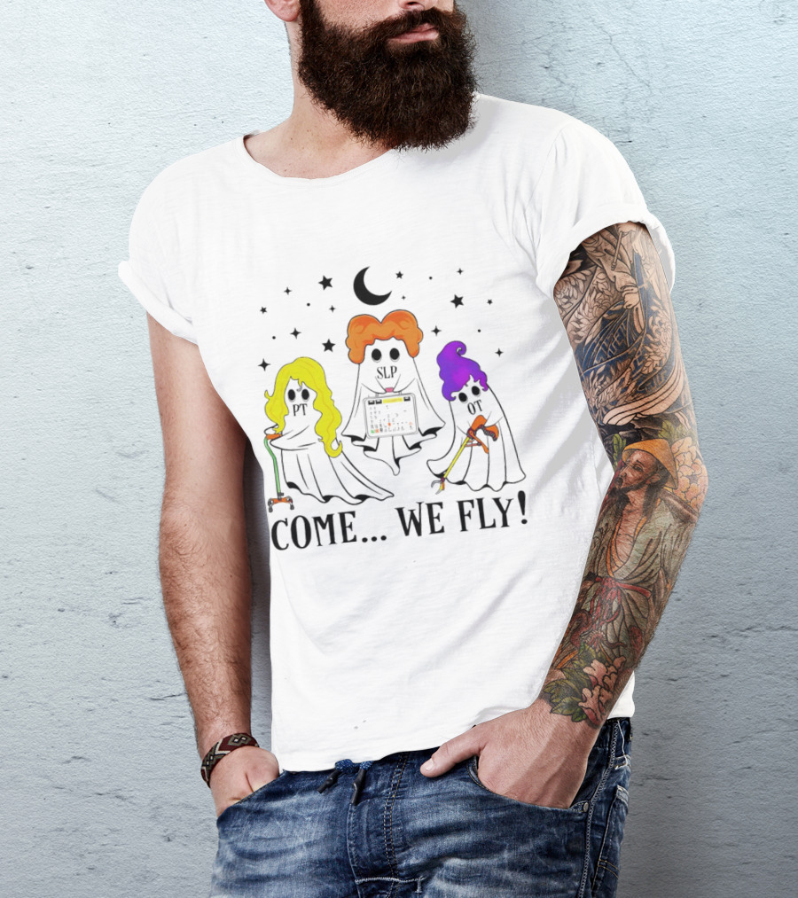 Hocus Pocus Come We Fly PT SLP OT Halloween Ghosts Black Cloaks Moon Stars T-Shirt