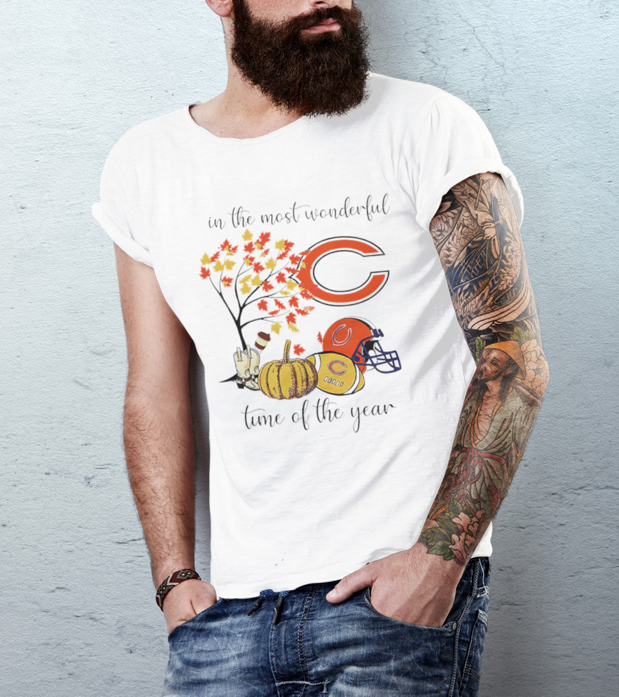 In The Most Wonderful Time Of The Year Chicago Bears Thanksgiving Helmets And Autumn Leaves T-Shirt