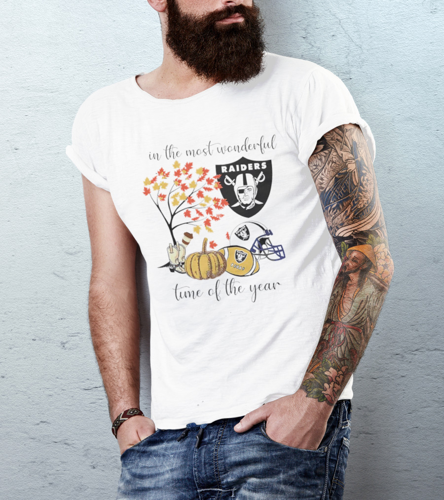 In The Most Wonderful Time Of The Year Raiders Football Thanksgiving Celebration With Autumn Leaves And Pumpkin T-Shirt