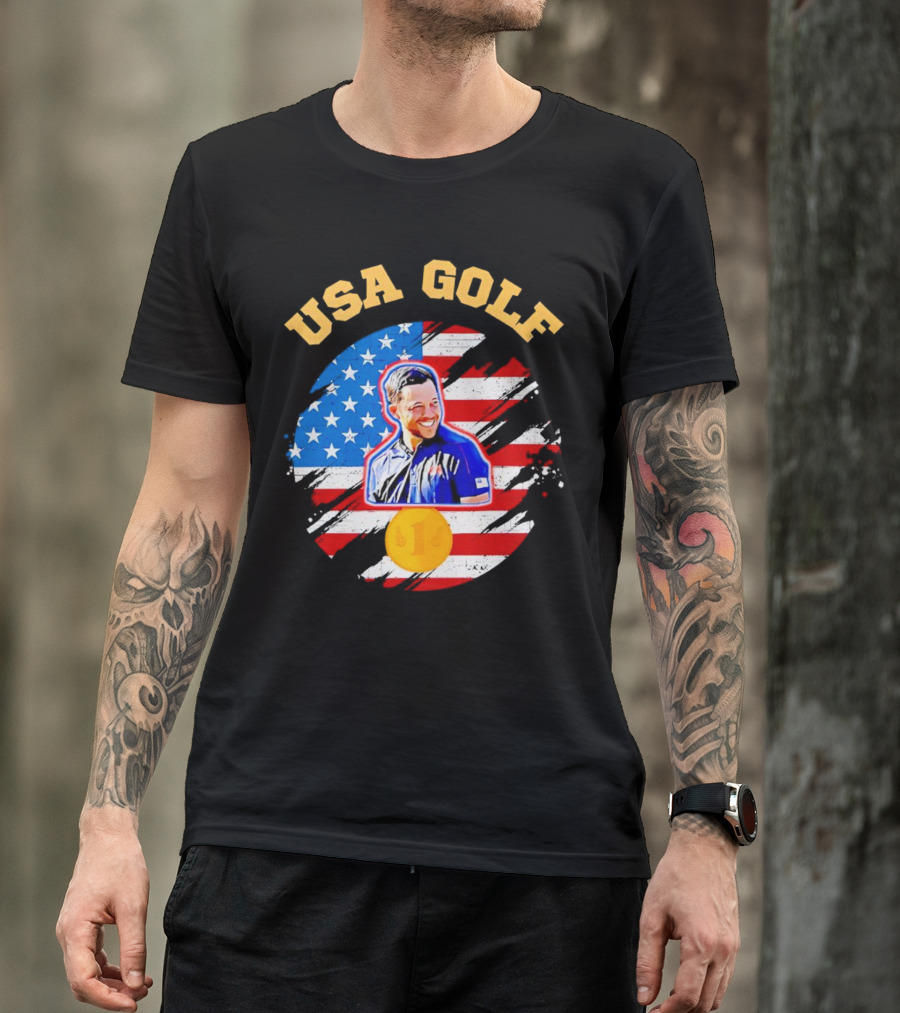 USA Golf Xander Schauffele USA Flag Gold Medal T-Shirt