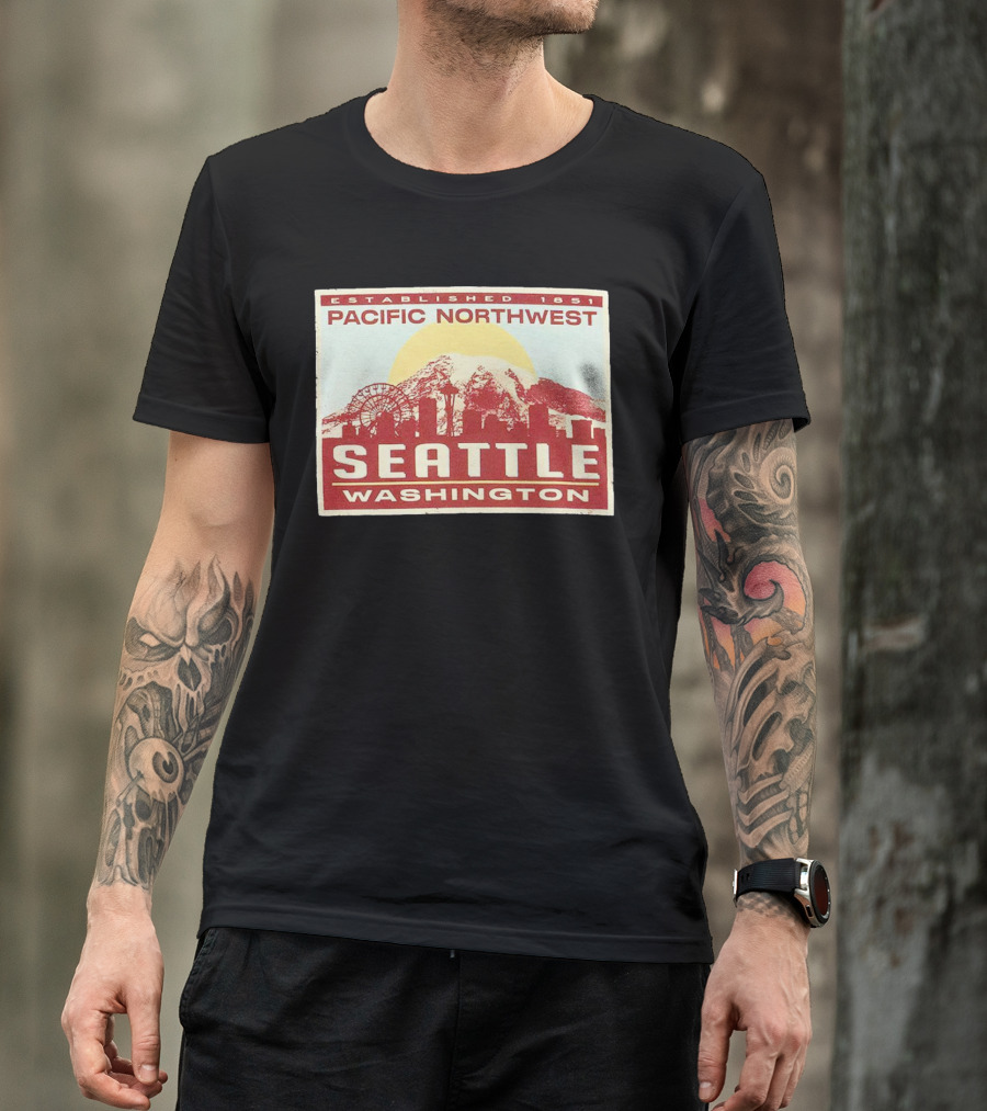 Seattle Pacific Northwest Established 1851 Washington Skyline Ferris Wheel Sun Mountain T-Shirt