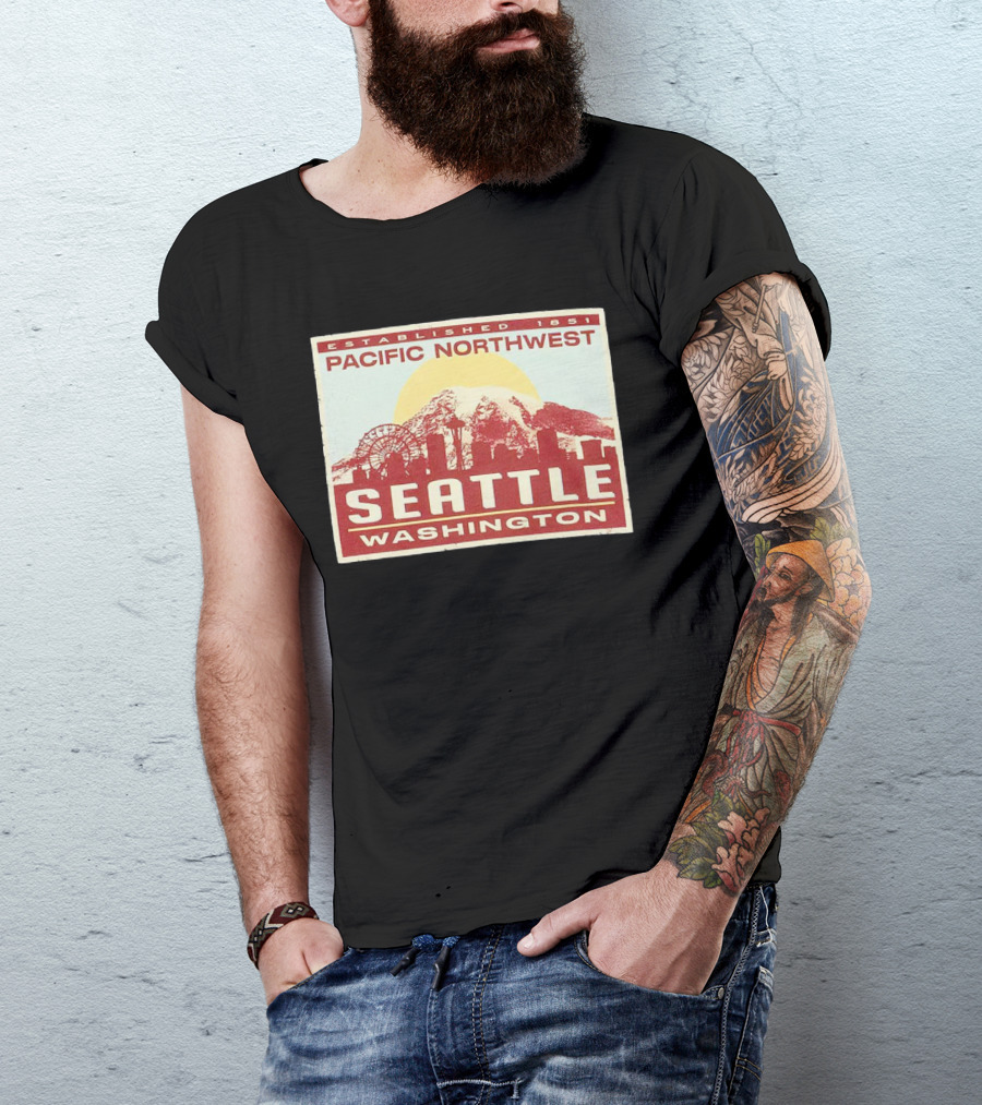Seattle Pacific Northwest Established 1851 Washington Skyline Ferris Wheel Sun Mountain T-Shirt