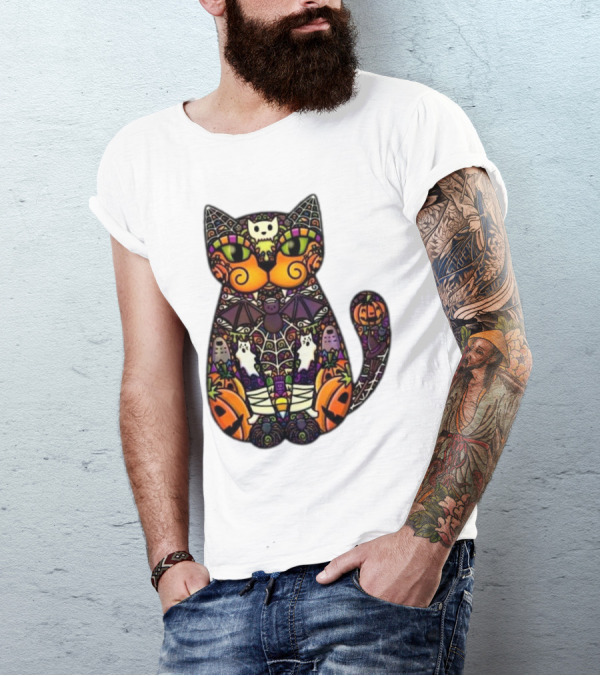 Halloween Cat With Pumpkins Ghosts And Bats T-Shirt