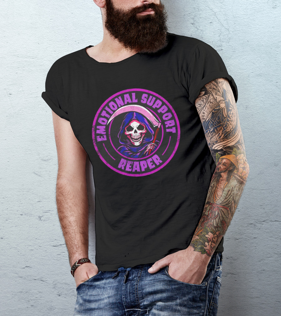 Emotional Support Reaper Skeleton With Scythe In Purple Hood T-Shirt