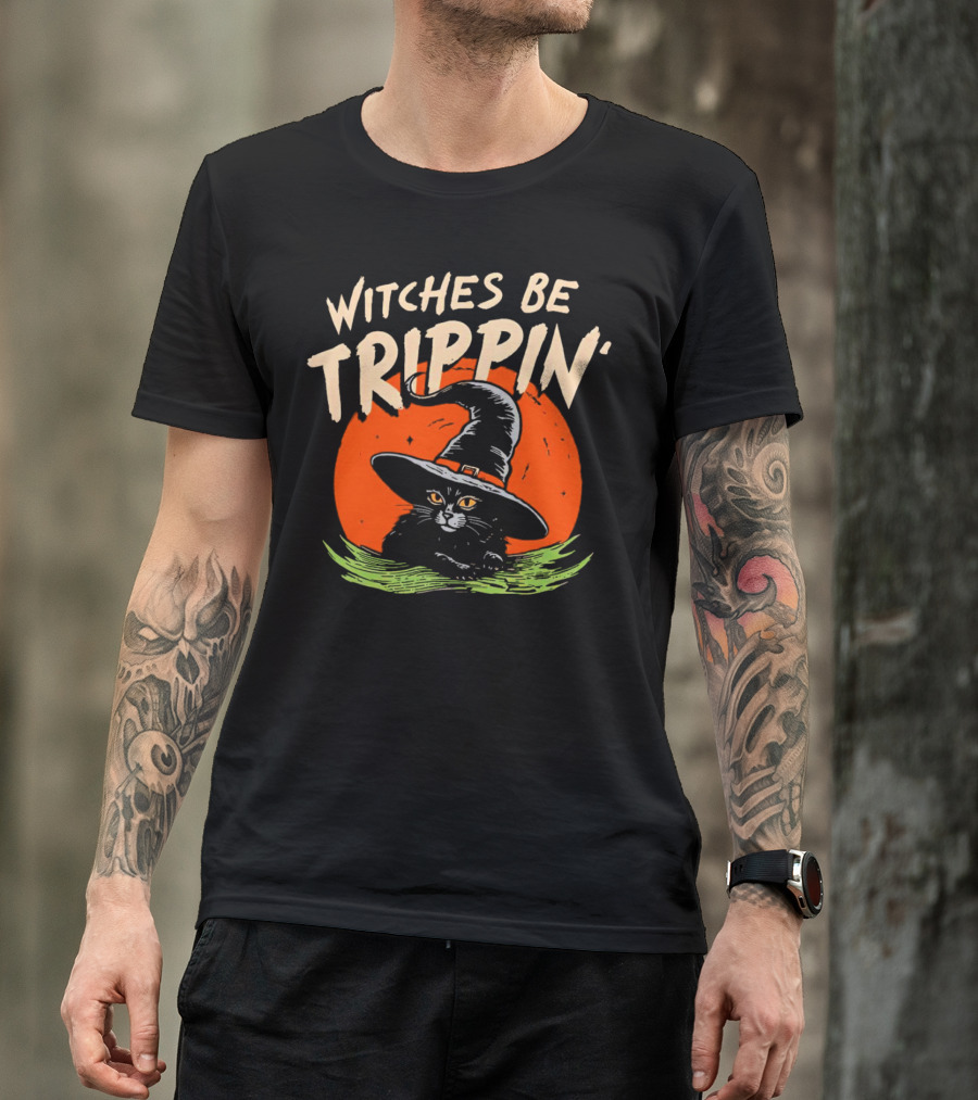 Witches Be Trippin’ Cat With Witch Hat And Red Moon Halloween T-Shirt