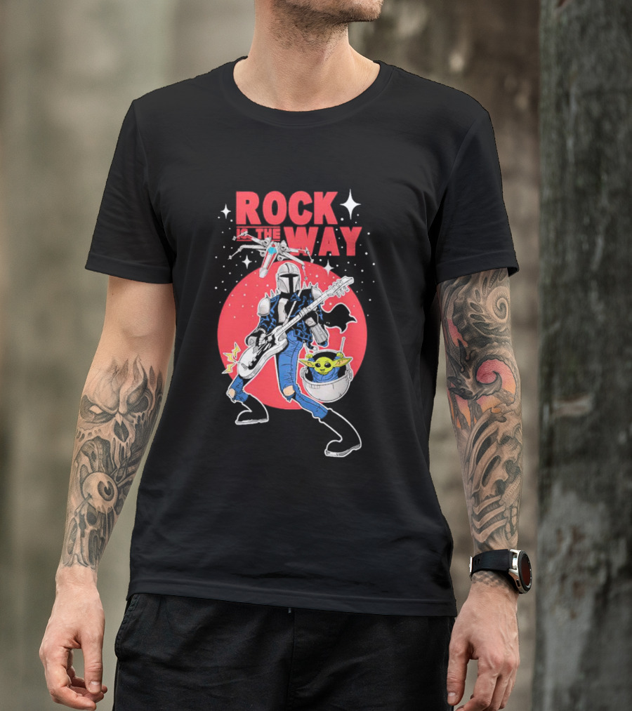 Rock Is The Way Din Djarin And Grogu Playing Guitar In Front Of Red Moon T-Shirt