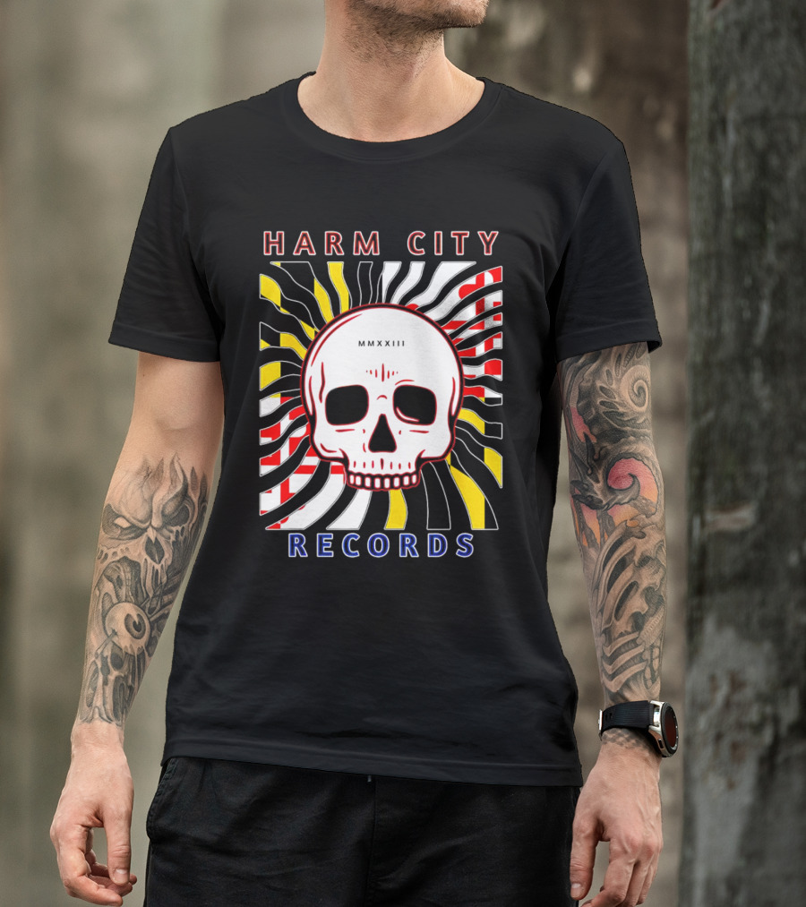 Harm City Records Baltimore Maryland Charm City MMXXIII Skull T-Shirt