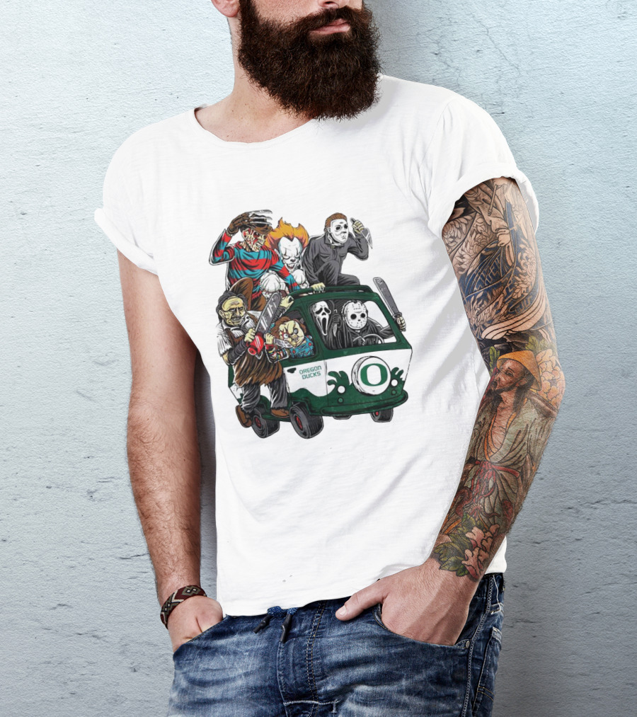 Oregon Ducks Horror Characters Bus Halloween Freddy Jason Michael Myers Pennywise Mask T-Shirt