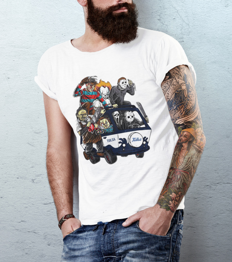 Tulsa Golden Hurricane Halloween Horror Characters Bus T-Shirt