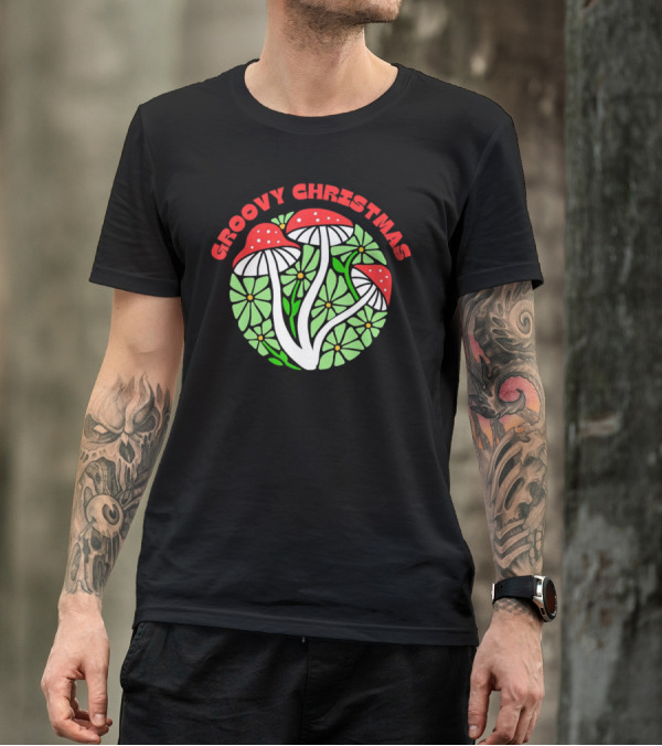 Groovy Christmas Psychedelic Mushrooms And Flowers T-Shirt