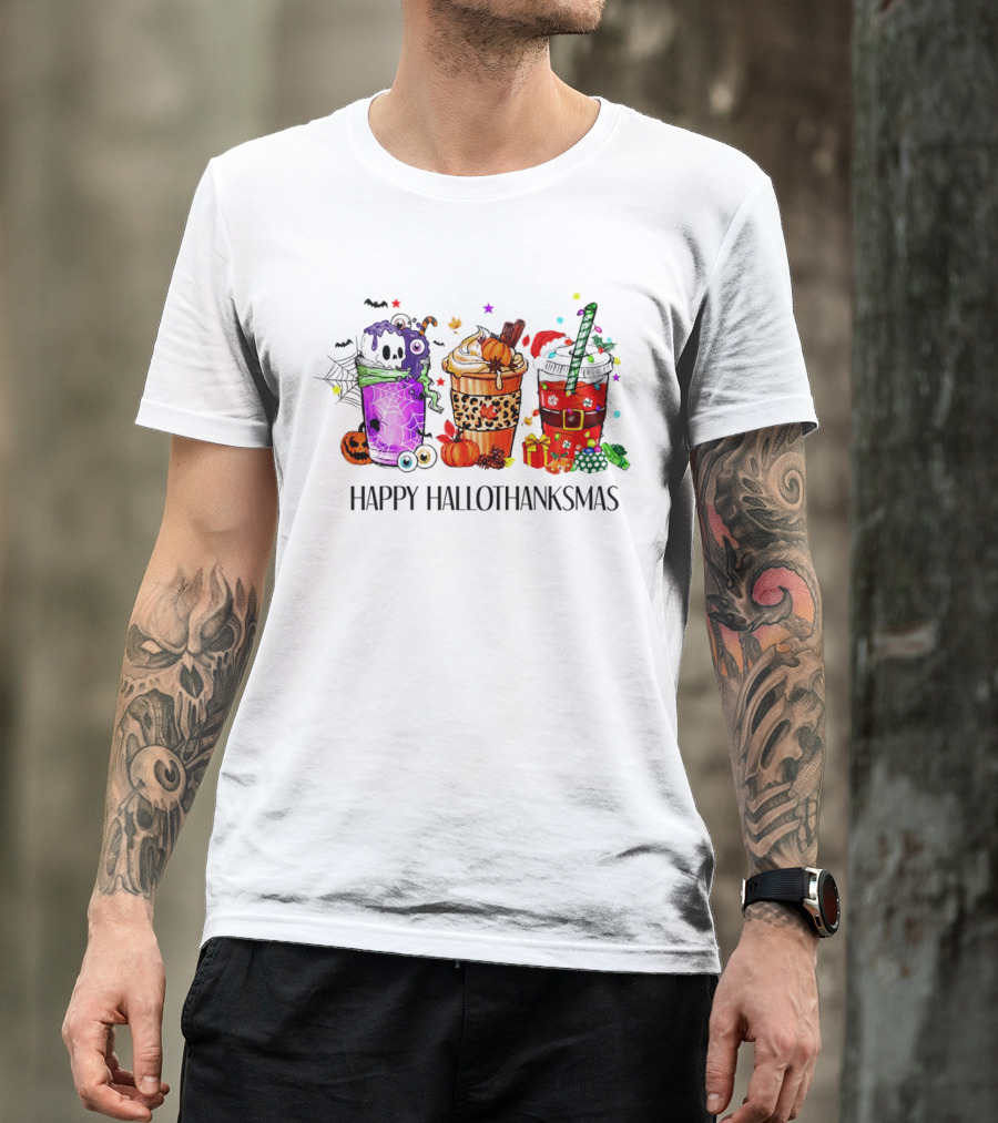 Happy Hallothanksmas With Spooky Fall And Festive Latte Trio T-Shirt