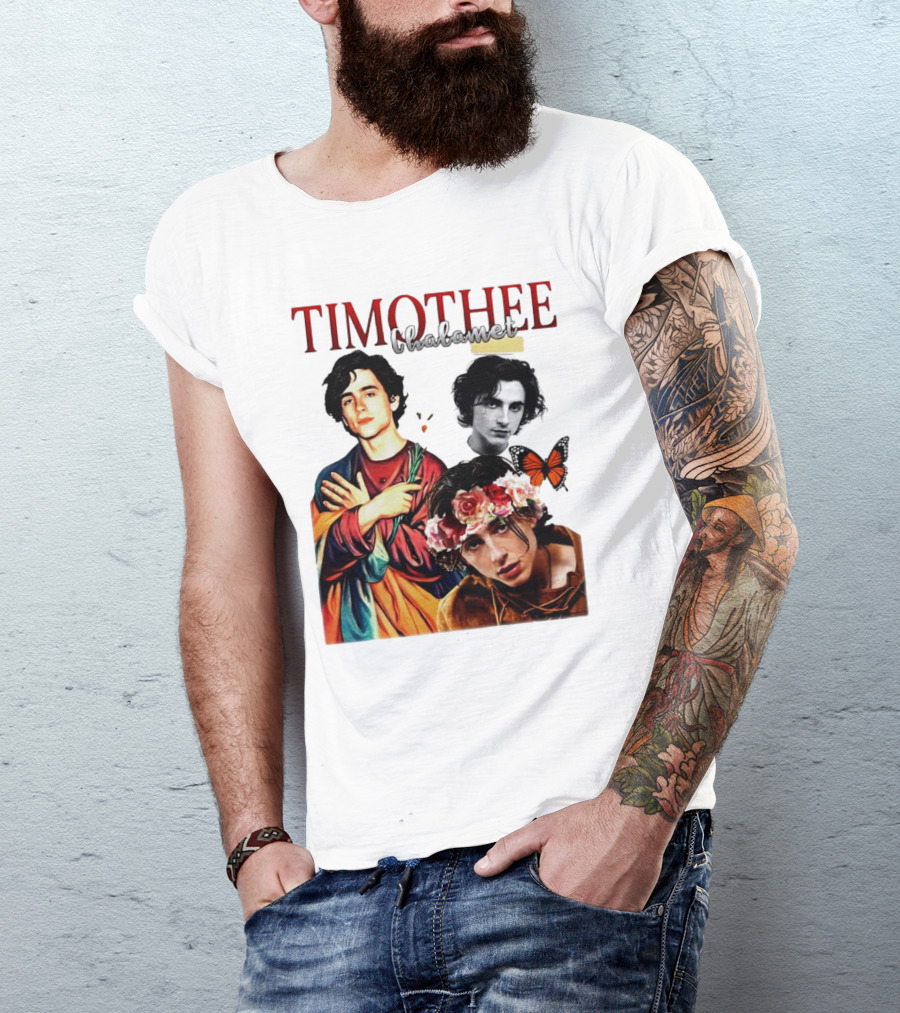 Timothee Chalamet Artistic Collage With Flowers And Butterfly T-Shirt