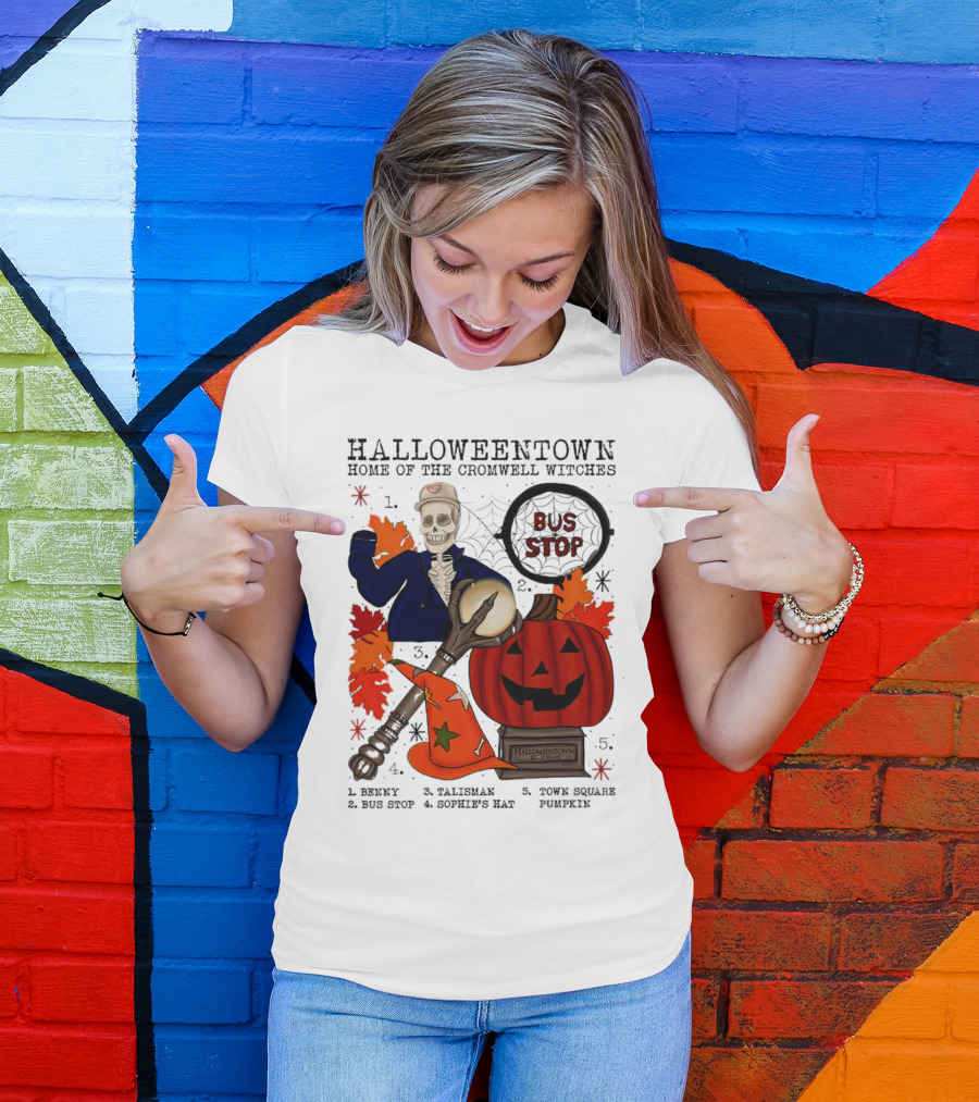 Halloweentown Home Of The Cromwell Witches Skeleton With Sophie’s Hat And Town Square Pumpkin T-Shirt