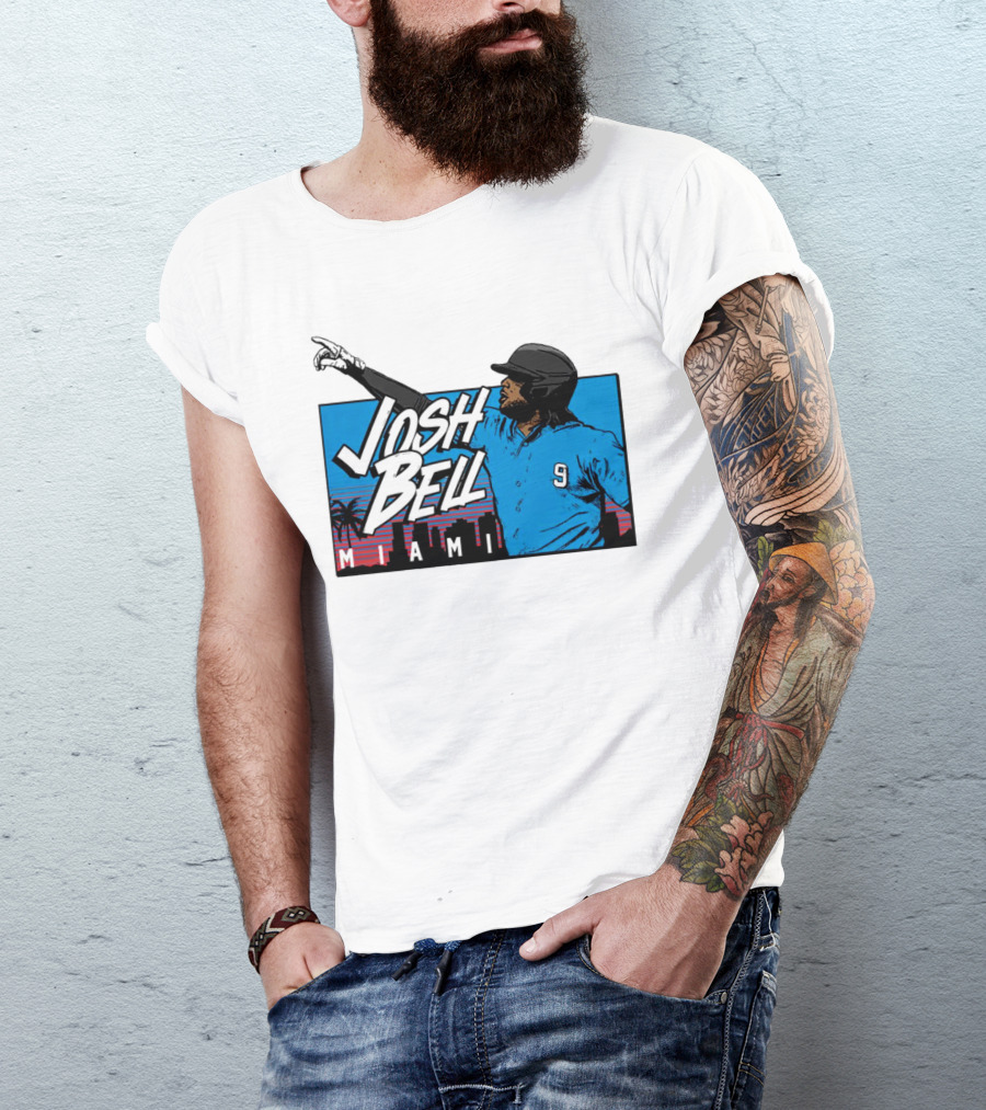 Josh Bell Miami Skyline Baseball Sunset T-Shirt