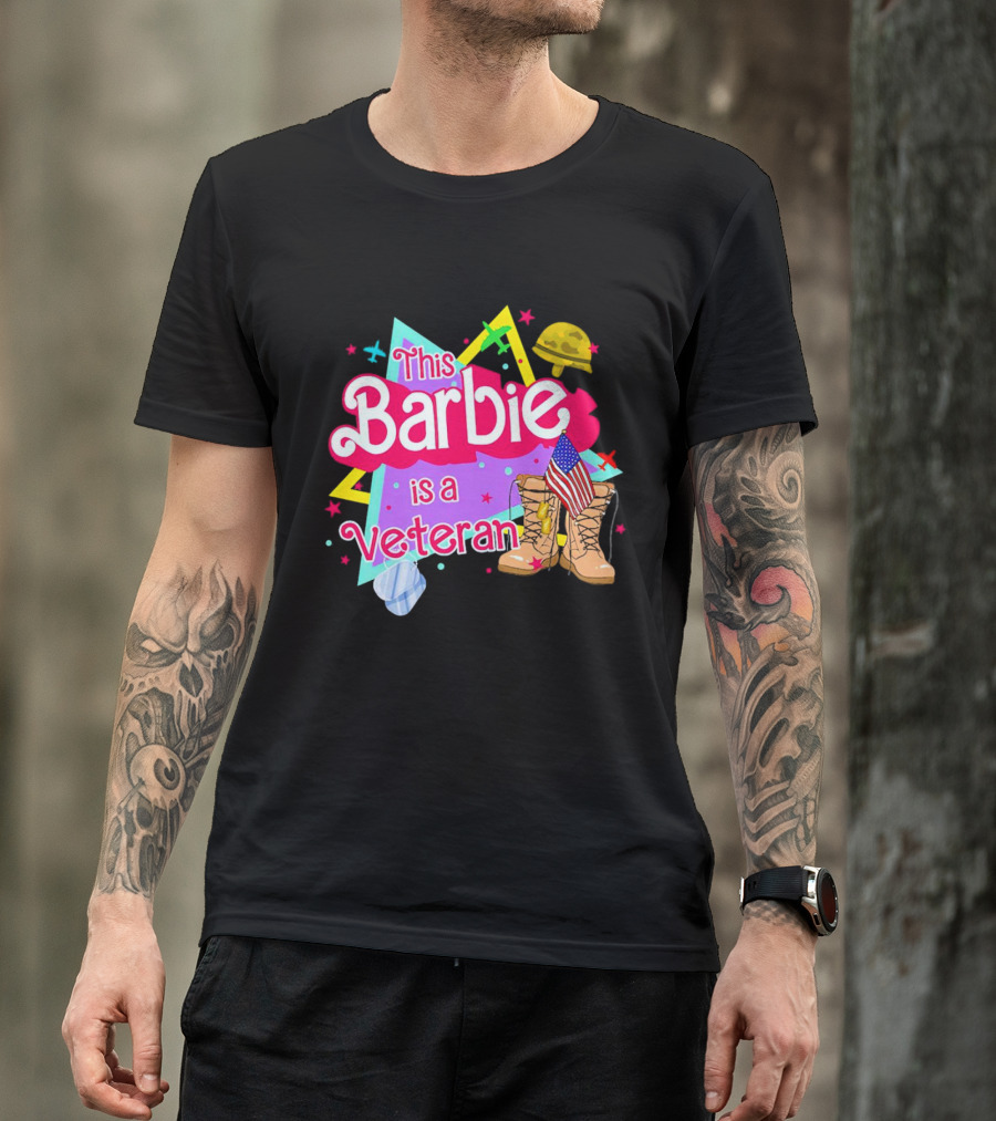 This Barbie Is A Veteran Boots American Flag Helmet Stars Background T-Shirt