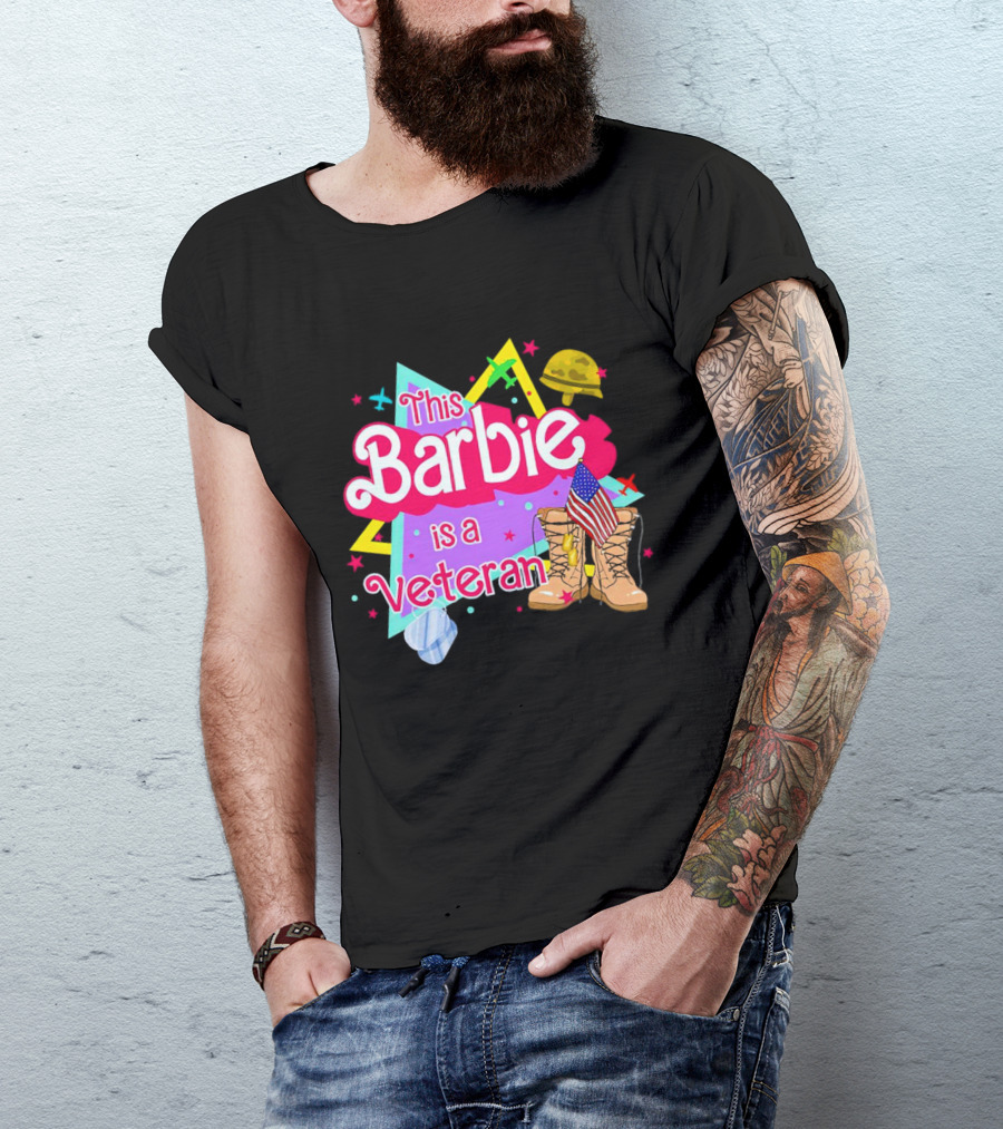 This Barbie Is A Veteran Boots American Flag Helmet Stars Background T-Shirt