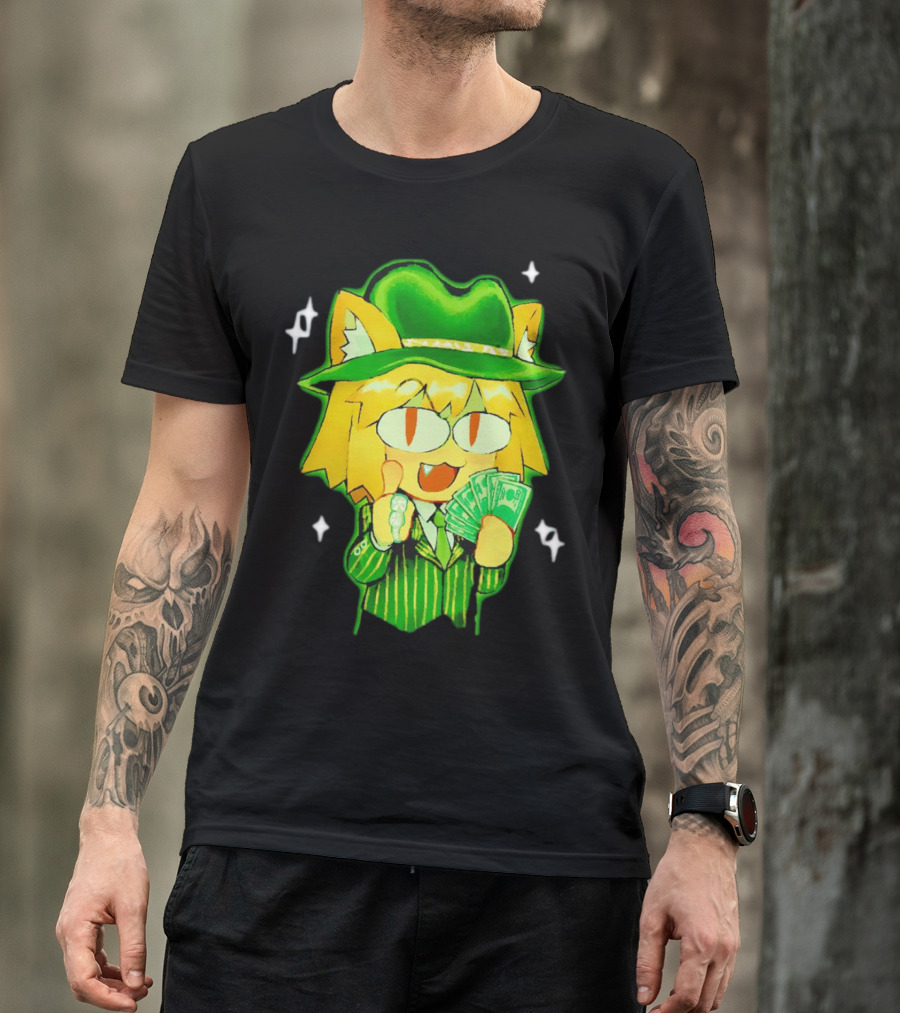 Sunny Waifu Gangster Neco-Arc Anime Cat Character With Money And Green Hat T-Shirt