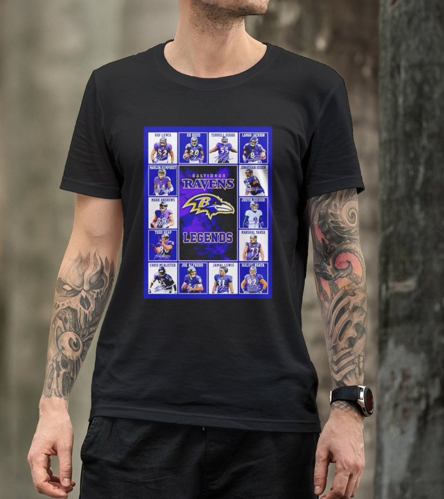 Baltimore Ravens Legends Ray Lewis Ed Reed Lamar Jackson Signature Collection T-Shirt