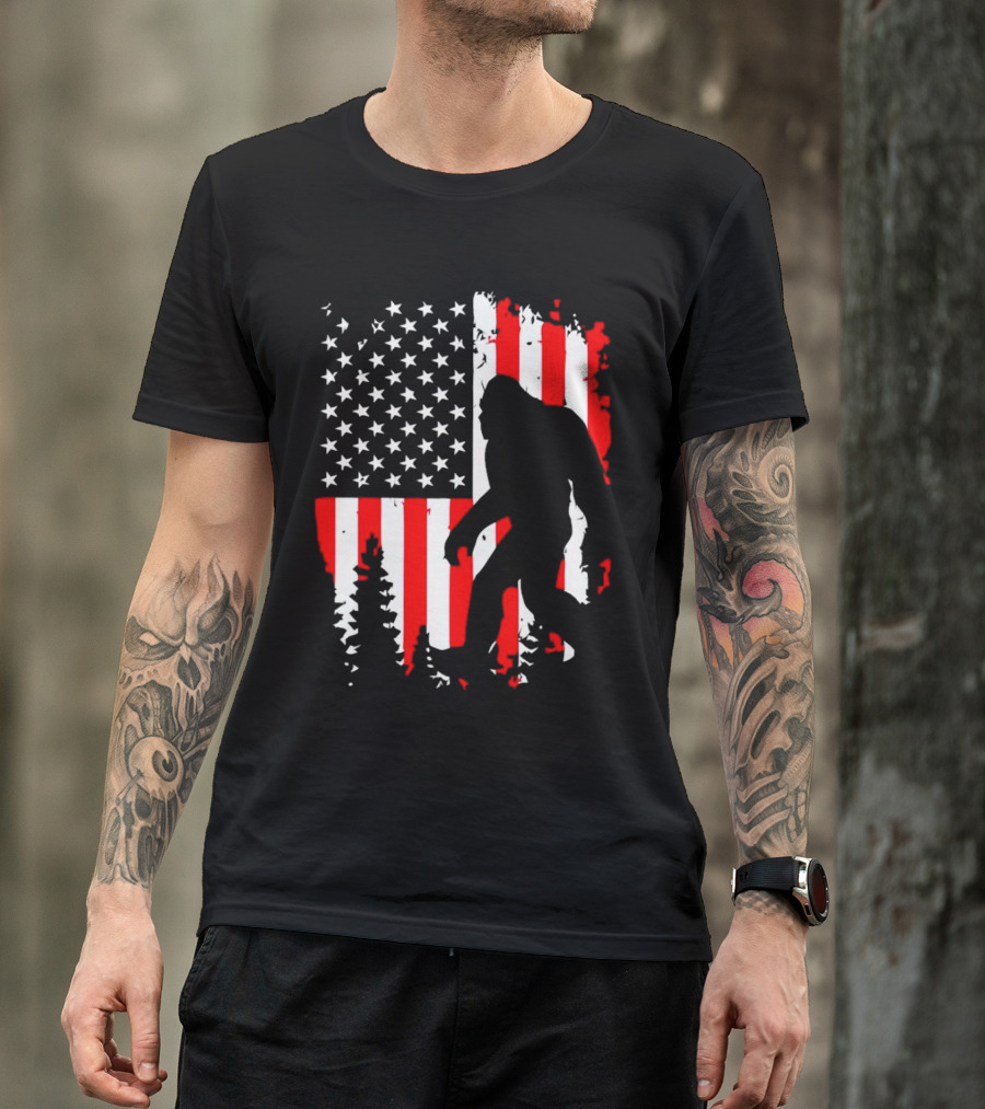 Bigfoot Silhouette With American Flag Background T-Shirt