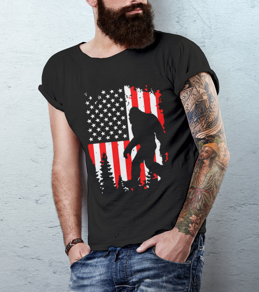 Bigfoot Silhouette With American Flag Background T-Shirt