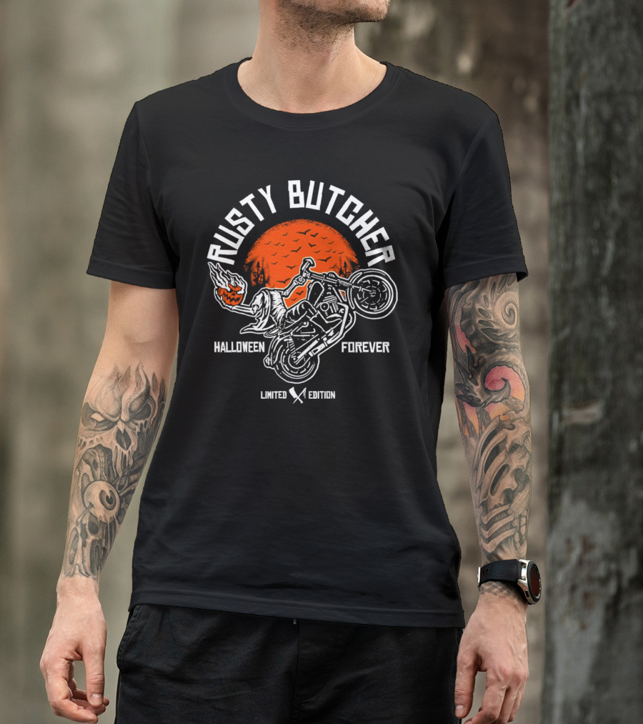 Rusty Butcher Halloween Forever Pumpkin Motorcycle Moon Bats T-Shirt